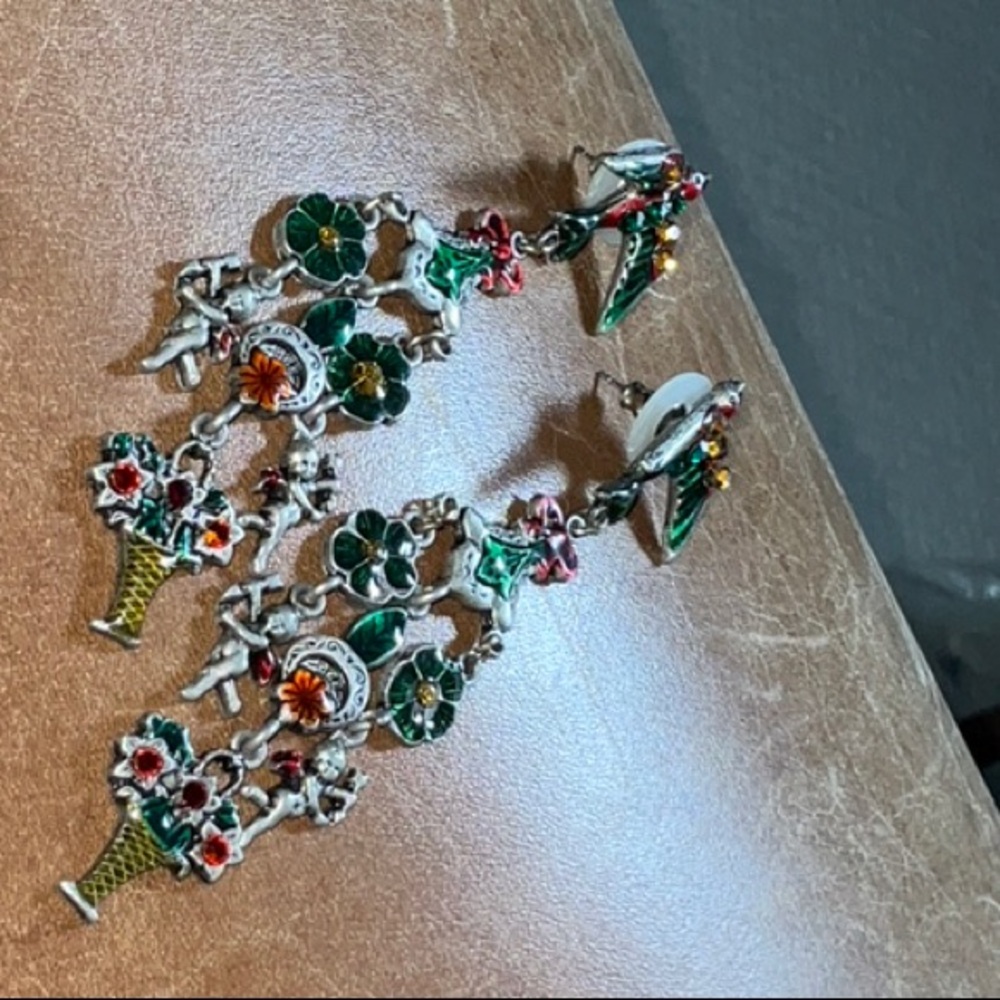 Vintage Don-Lin Chandelier Earrings Angels Enamel Rhinestone Dangle Statement - Picture 14 of 15